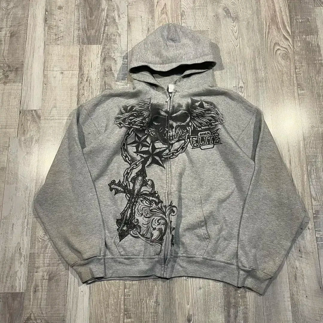 Hearujoy Y2K New Gothic Skull Pattern Printing Hoodie American Retro Hip Hop Sweatshirt Men Street Personality Casual Loose Zip-up Hoodie