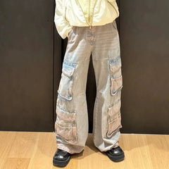 Hearujoy Harajuku Side Multi-pockets Washed Baggy Jeans Pants for Men and Women Straight Vintage Casual Denim Trousers Y2k Loose Cargos