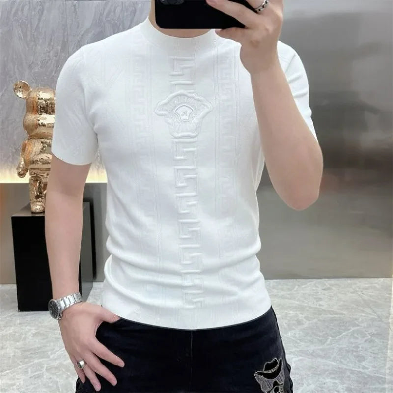 HEARUJOY  -  Men Korean Fashion Rhinestone Luxury Jacquard Knitted T Shirt Summer High Street White Round Neck Short Sleeve Slim Basic Tops