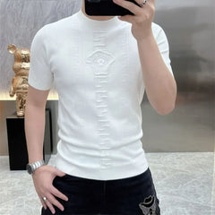 HEARUJOY  -  Men Korean Fashion Rhinestone Luxury Jacquard Knitted T Shirt Summer High Street White Round Neck Short Sleeve Slim Basic Tops