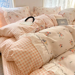 YICKYUE  -  French Pastoral Princess Style Duvet Cover Set New Ruffles Lace Flowers Bow Bed Sheets Set For Girls Luxury Bedding Set