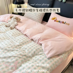 YICKYUE  -  3/4Pcs Bedding Set Bed Sheets Full Set 100% Cotton Checkered Bow Pink Duvet Cover Cute Core Princess Bedding Four-Season