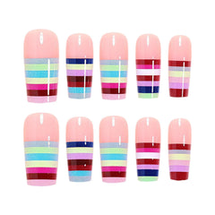 YICKYUE  -  24pcs Dopamine Color False Nails Lines French Tip Press On Nails Wearable Long Coffin Fake Nails For Fashion Party And Daily Use