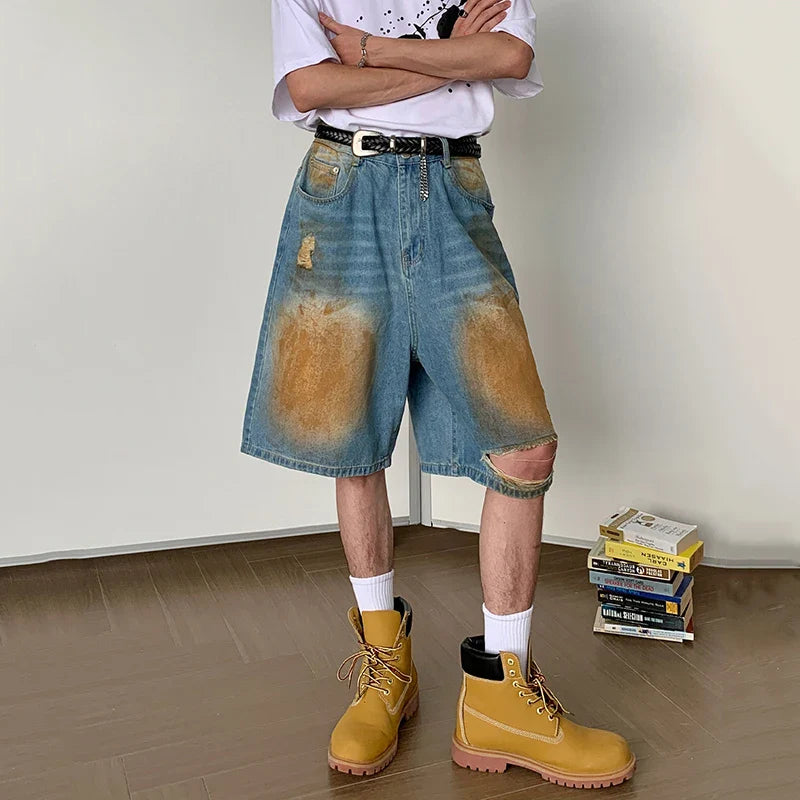 Hearujoy Niche Style Men's Denim Shorts Hole Worn-out Contrast Color Bottom Straight Wide Leg Male Trousers Streetwear Chic 9C6803
