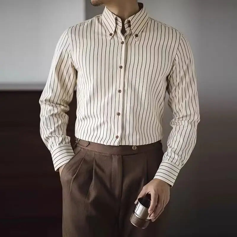 HEARUJOY  -  Slim Fit Vintage British Style Men's Striped Long Sleeve Shirt Spring Autumn Business Casual Wrinkle Resistant Non Iron