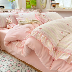 YICKYUE  -  3pcs pink seersucker Duvet Cover Set (1*Duvet Cover + 2*Pillowcase, Without Core),pink bow Bedding Set
