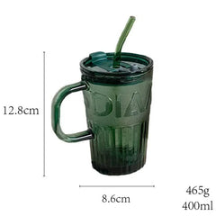 YICKYUE  -  400ml Retro Glass Tumbler With Lid And Straw Glass Coffee Cup Thick Glass Mug Milk Juice Cup Transparent/Green Juice Mocha Cups