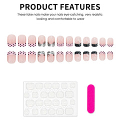YICKYUE  -  24pcs Wearable Press On Nails Black White Striped Dot French Tip Short Square False Nails Elegant Resin Fake Nail Office Daily