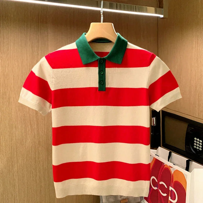 Hearujoy 2024 New Summer Polo Men Stripe Fitness Elasticity Short Sleeve Knit Polo Shirts for Men Fashion Turn Down Collar Mens Shirt W05