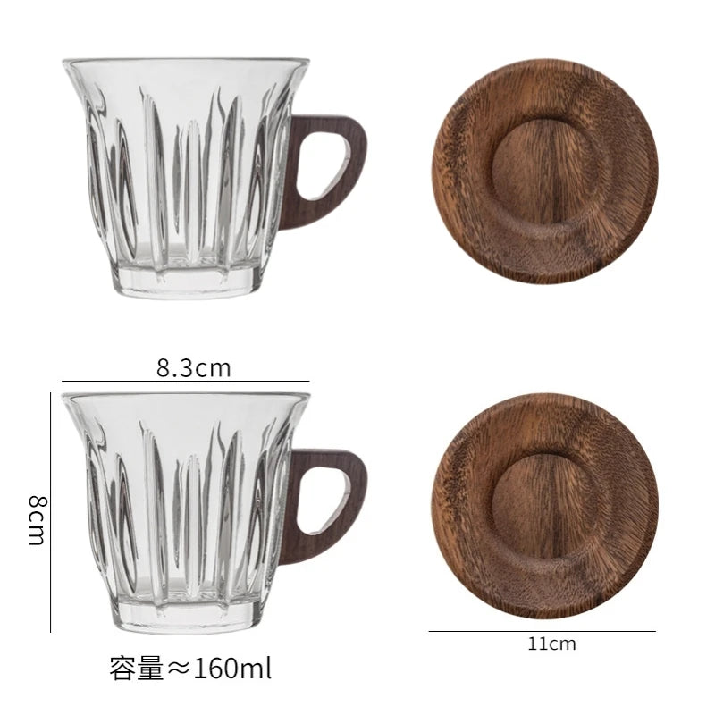 YICKYUE  -  2 Set Coffee Cups with Wood Coaster | Tempered Glassware Round Table Setting for Dining, Home Restaurant Use, for Housewarming