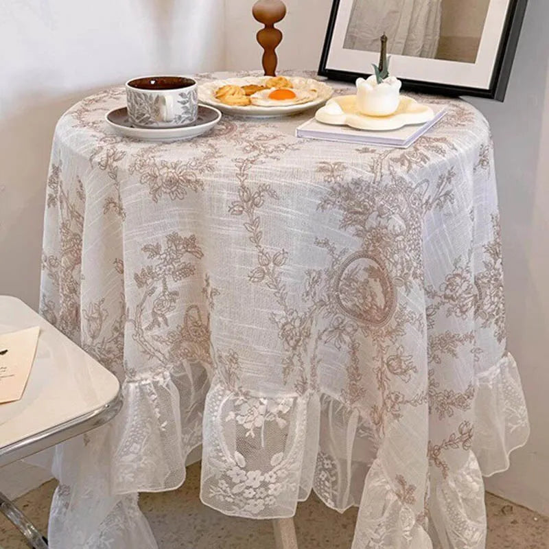 YICKYUE  -  French Retro Style Lace Tablecloth Elegant Ruffle Pastoral Table Cloth Coffee Table Nightstand Cover Living Room Home Decoration