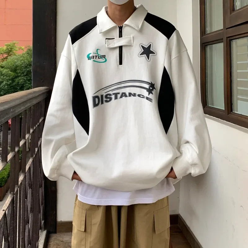 Hearujoy Korean Fashion Polo Shirt Spring and Fall Streetwear Long-sleeved Half-zip Printed Sweatshirt Men Retro High Street Coat Blouse