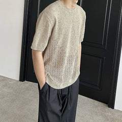 HEARUJOY  -  Men's Beige Textured Short Sleeve Knit Top Loose Fit Hollow Out Design Summer Casual Fashion Comfortable Knitwear
