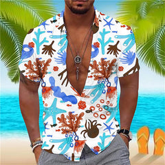 HEARUJOY  -  Wrinkle-Free New Men'S Shirt Casual Men'S Loose Lapel Coconut Tree Print Short Sleeve Cuffs Button Port Roupas Masculinas