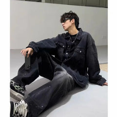HEARUJOY  -  High Street Washed Denim Jacket Mens Trends New Spring Streetwear Single Breasted Casual Hip Hop Coats Loose Cowboy Outwear