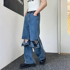 Hearujoy Belt Male Jeans Personalized Buckle Design  Patchwork Washed Solid Color Men's Denim Pants Spring Stylish 9A8918