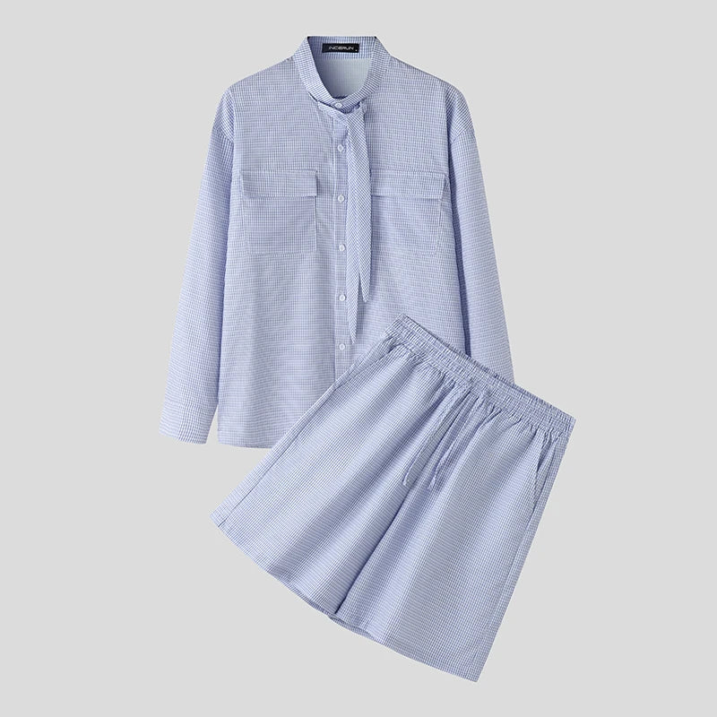 HEARUJOY  -  Men Sets Plaid Stand Collar Long Sleeve Shirt & Shorts Two Pieces Sets Streetwear Fashion Men's Casual Suits S-5XL