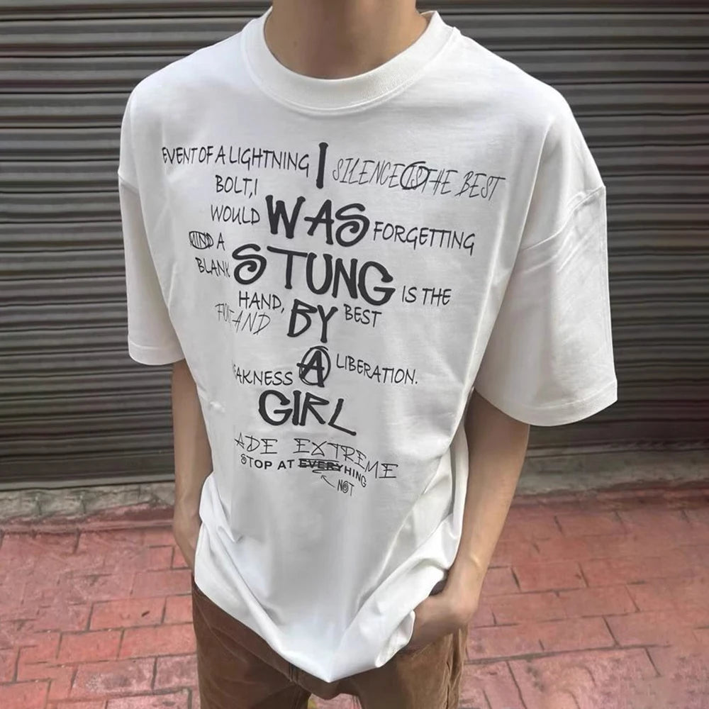 Hearujoy Mens Cotton T-Shirt Letter Printing Hip-Hop Street Y2k Retro Fashionable Comfortable Casual Loose Top Spring And Summer