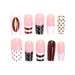 YICKYUE  -  24pcs Charming French False Nails Press On Nails Trendy Y2k Fake Nails Women's Polka Dot Stripe Gold Bead Manicure Nails Art