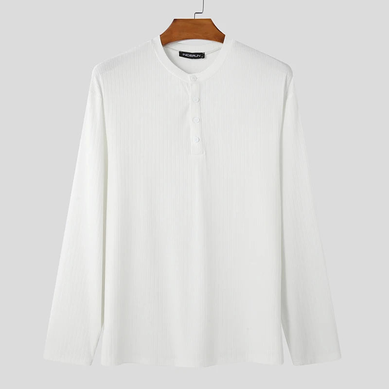 HEARUJOY  -  Men T Shirt Solid Color O-neck Long Sleeve Knitted Loose Tee Tops Streetwear Fashion Casual Korean Men Clothing