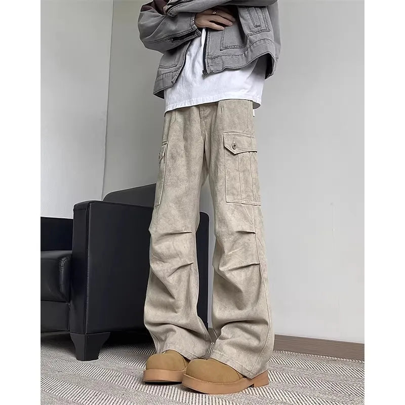 HEARUJOY  -  Vintage American Trendy Men's Workwear Pants Loose Pleated Wide Leg Design Sense Dyed Autumn Small ence Deserted