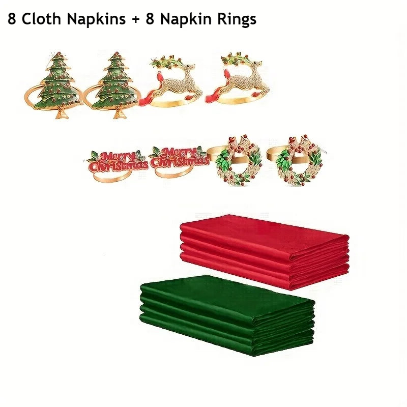 YICKYUE  -  8Sets Red and Green Cloth Napkins & Christmas Napkin Rings Fabric and Metal Holiday Dinners Table Decoration for 2026 Xmas Decor