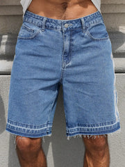 HEARUJOY  -  Men's summer denim shorts. Blue wide-leg denim shorts. Street fashion. Daily casual. The fit is loose and comfortable.