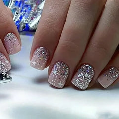 YICKYUE  -  24Pcs Winter Collection Press on Nails Silver Glitter Gradient with White Snowflake and Four-Pointed Star Perfect Gift for Girls