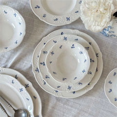 YICKYUE  -  Simple Blue Printing Tableware Kitchen Supplies White Relief Tableware Western Dessert Steak Cake Dim Sum Fruit Dish Set