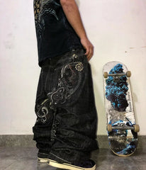 Hearujoy American Harajuku Gothic Embroidered Loose Jeans Men's Street Hip-hop Retro Trousers Casual Straight Black Wide-leg Pants
