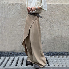 Hearujoy Mens Chinese Style Pleated Splicing Double Layer Irregular Solid Color Culottes Genderless Fashion Trend Casual Wide Leg Pants