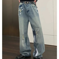 HEARUJOY  -  Street Graffiti Mens Jeans Autumn High Street Color Blocked Washed Wide Legs Cowboy Pants Loose Straight Tube Denim Trousers