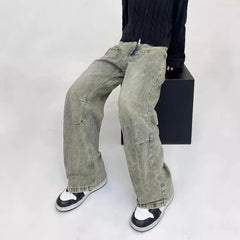 Hearujoy Mens Pants Washed Worn Yellow Mud Jeans Autumn High Waist American Vintage Double Knee Logging Workwear Pants Unisex Pants