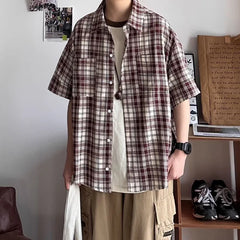 HEARUJOY  -  New Men's Color-blocking Retro Plaid Shirt Lapel Teenager