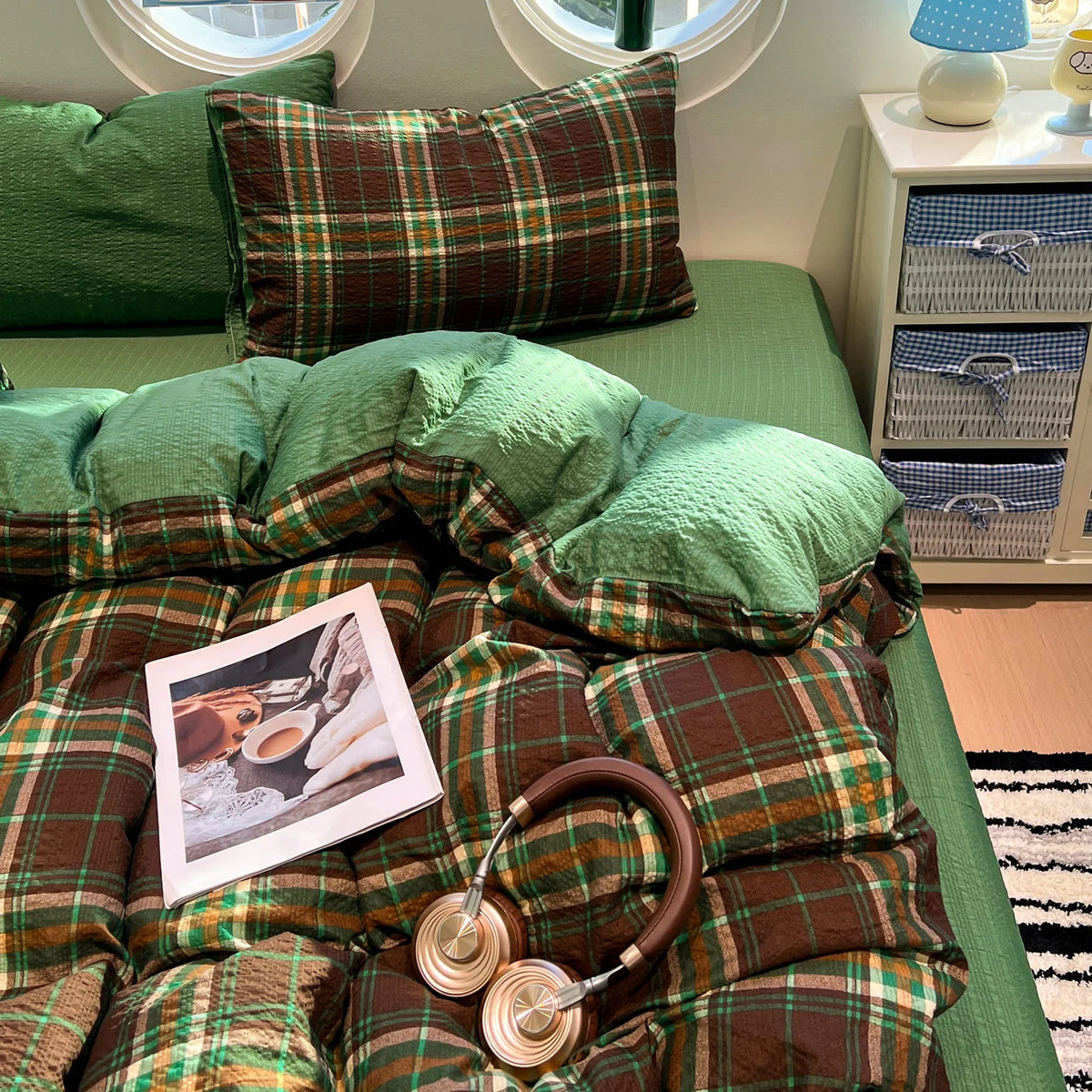 YICKYUE  -  3/4PCS Retro Green Grid Bedding Set Stripes Duvet Cover Set Sheet Set Comfortable for Home Bedroom Decor New Year Christmas Gift