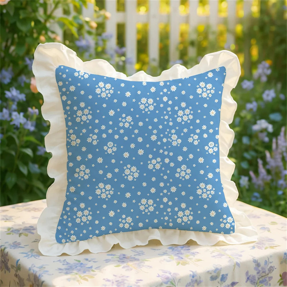 YICKYUE  -  Korean Romantic Pillow Girl's Heart Washed Cotton Ruffled Cushion Cover Core Car Sofa Carto Rabbit Floral Pillow 45cmx45cm