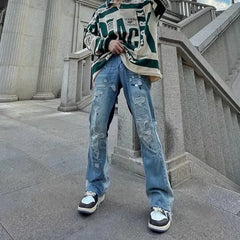 HEARUJOY  -  Hole Ripped Straight Baggy Men Flare Jeans Pants Patchwork Distressed Washed Vintage Loose Punk Denim Trousers