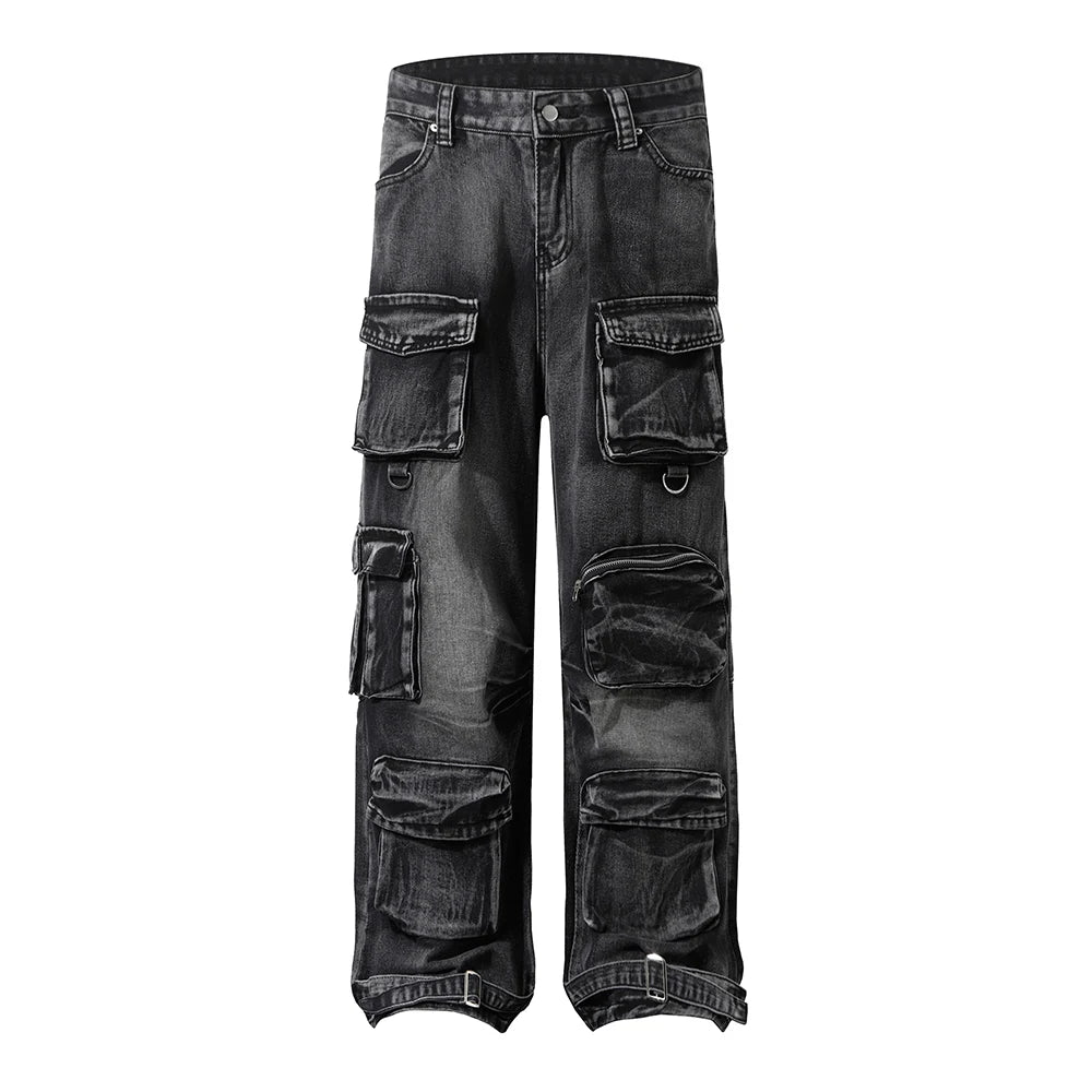 Hearujoy Vintage Washed Mens Denim Trousers High Street Distressed Baggy Jeans Unisex Straight Loose Casual Cargo Pants Oversized