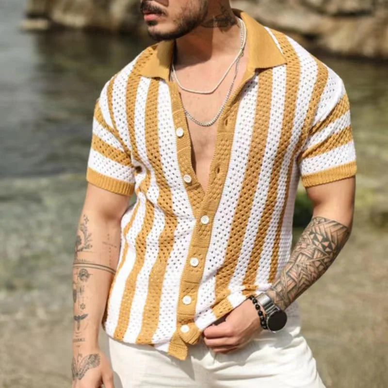 HEARUJOY  -  Spring Autumn Casual Mens Knitted Shirts Hollow Out Stripe Short Sleeve Lapel Knit Button Cardigans Men Clothes Vintage Tops