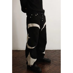Hearujoy New Y2k Men Black Baggy Jeans Spliced Leather High Street Loose Straight Casual Trousers Hip Hop Harajuku Pants Streetwear