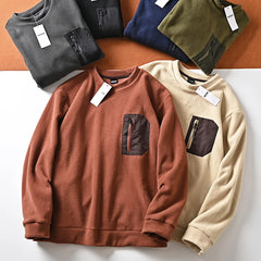 HEARUJOY  -  Men's Round Neck Casual Fleece Sweater Shirt Trend Versatile Chest Zipper Pocket Warm Pullover Tops