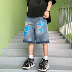 HEARUJOY  -  New Summer Oversized Denim Shorts Mens American Street Star Pattern Washed Cowboy Capris High Street Straight Wide Leg Capris