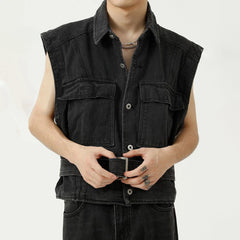 Hearujoy High Street Street Korean Style Simple Denim Vest Jacket Men's Tide Brand Lapel Collar Distressed Denim Tooling Vest