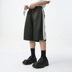 Hearujoy Men's PU Leather Shorts Casual Summer Side White Stripes Fashion Trend Elastic Waist Loose Male Chaparejos 9C5679