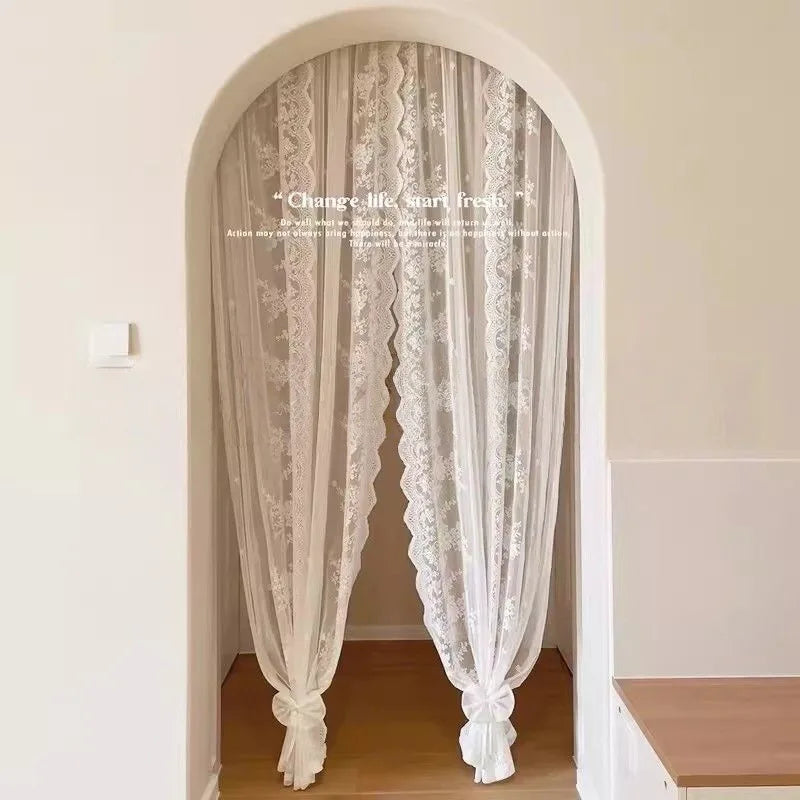 YICKYUE  -  New French Lace Door Curtain Bedroom Partition Kitchen Small Fresh Decoration Gauze Curtain Pastoral Style No Drilling Required