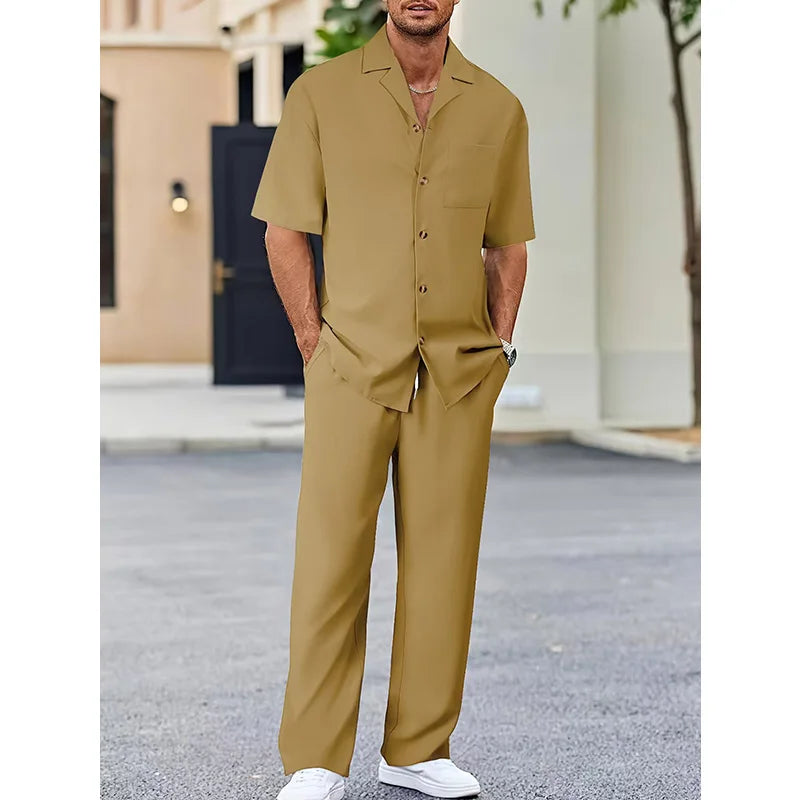 HEARUJOY  -  Summer Men Casual Two Piece Sets Blouse and Solid Basic Pants Suit Male Beach Tracksuits Solid Loose Suits For Male Outfits