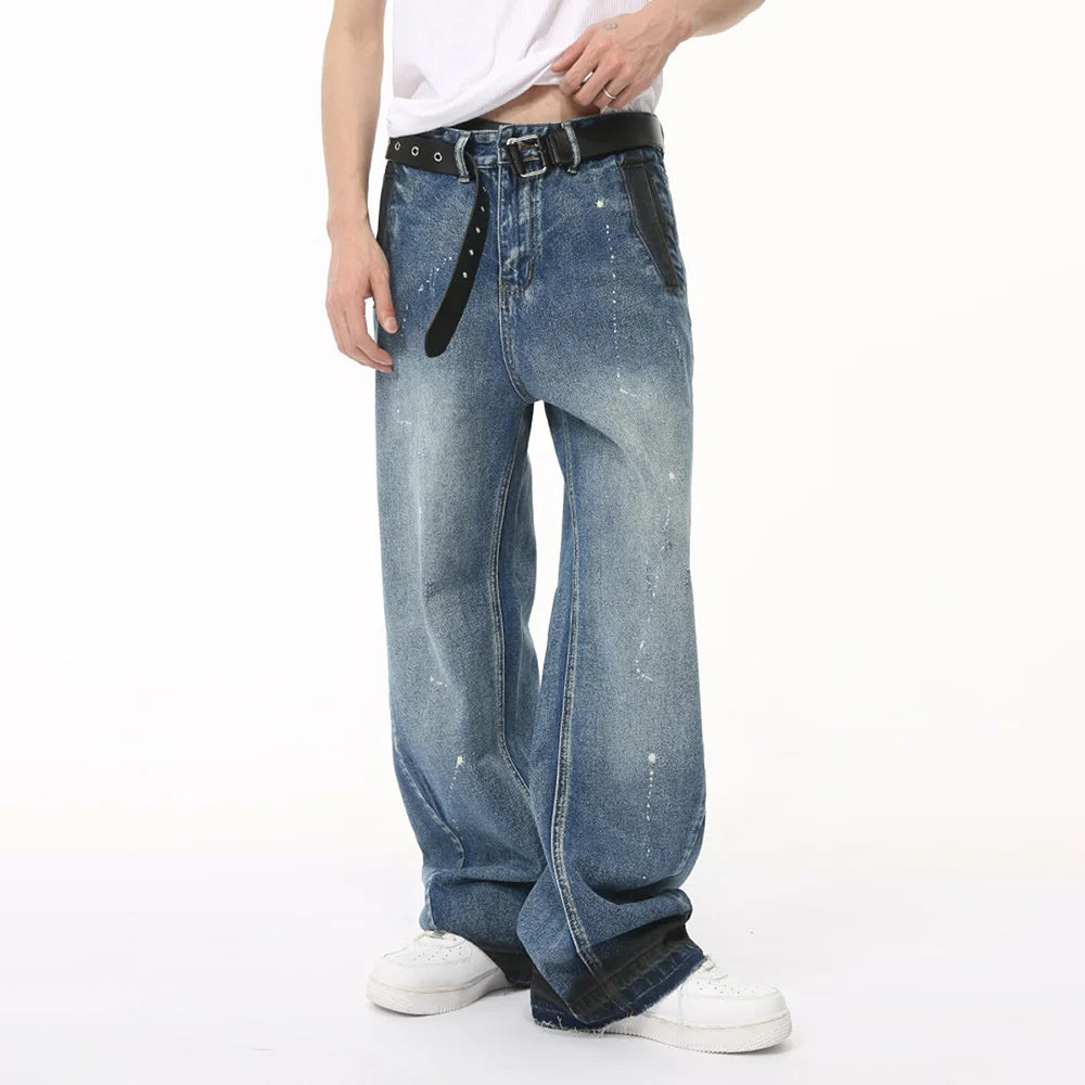 Hearujoy Mens Retro Washed Blue Casual Jeans Niche Design Personality Graffiti Jeans Youthful Fashion Chic Straight Trouser Summer