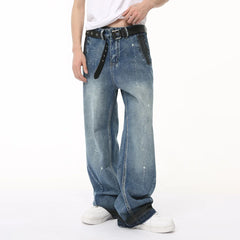 Hearujoy Mens Retro Washed Blue Casual Jeans Niche Design Personality Graffiti Jeans Youthful Fashion Chic Straight Trouser Summer