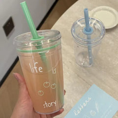 YICKYUE  -  Summer Stylish Clear Straw Cup Large Capacity with Silicone Lid & Wide Straw Portable New Design Transparent Drink Cup Daily Use