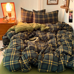 YICKYUE  -  Retro Academia Bedding Set Plaid Duvet Cover Set Soft Flat Sheet Single Twin Size Double Bed Sheet Set For Bedroom